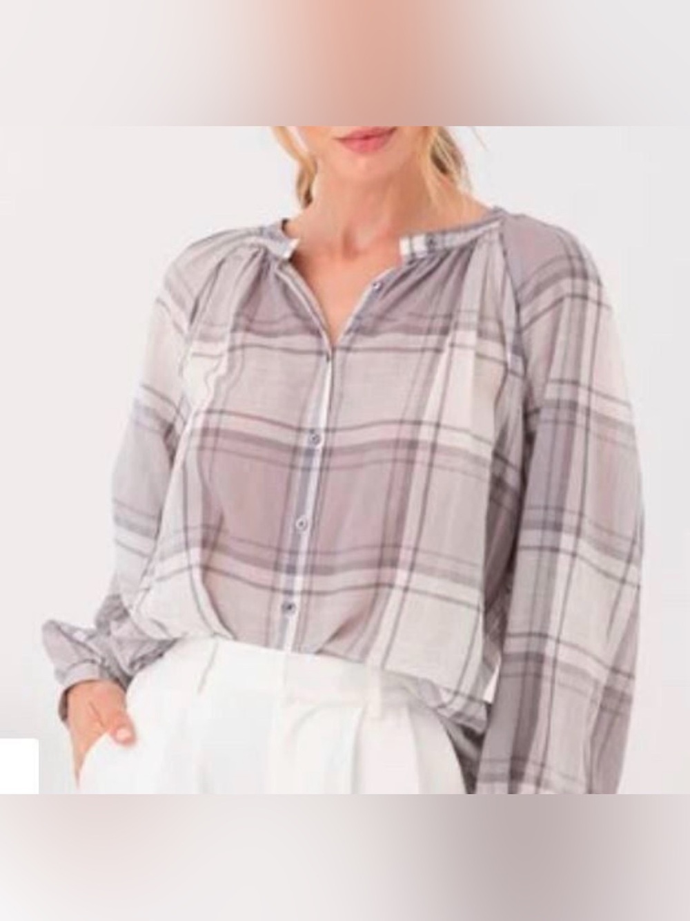 Sundays Runa Plaid Button-Front Peasant Blouse 100% Cotton Size Small